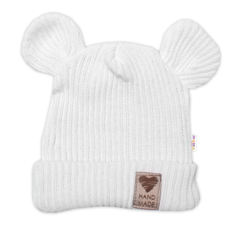 Baby Nellys Pletená bavlněná čepice s oušky, dvouvrstvá, Hand Made  bílá