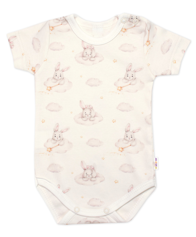 Baby Nellys Body kr. rukáv, bavlna, zapínání u krku, Králičci, krémové vel.  74