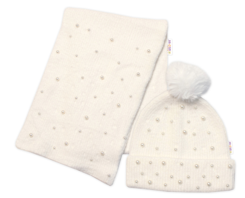 Baby Nellys Zimní čepice s bambulí + šál, Pearls, smetanová vel.  54/58