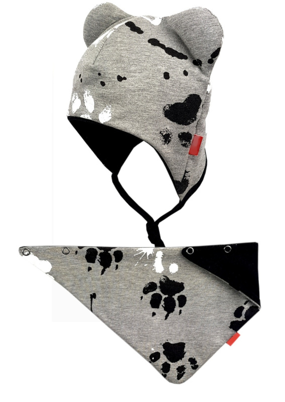 bexa Dvouvrstvá čepice na zavazování s oušky + šátek - Tlapky, šedá, vel. 74/80