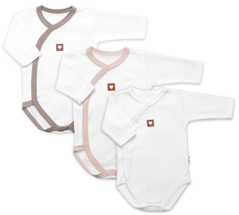 Baby Nellys Rostoucí výhodná sada, 3x Body zap. bokem Nature - béžová/taupe/bílá
