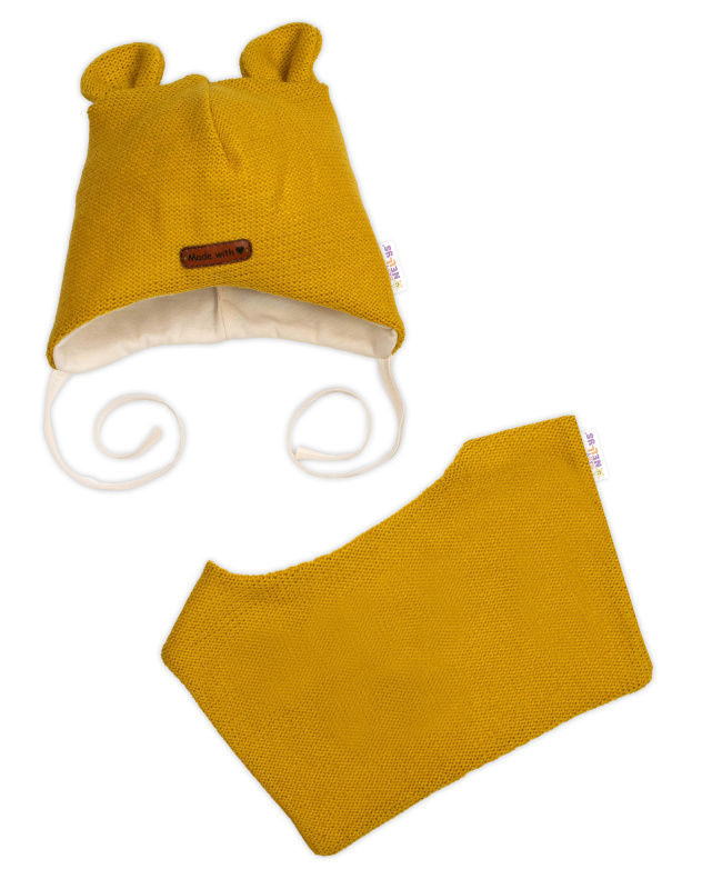 Baby Nellys Pletená čepice s bavlněnou podšívkou a šátkem 2v1, Teddy Hand made - hořčicová