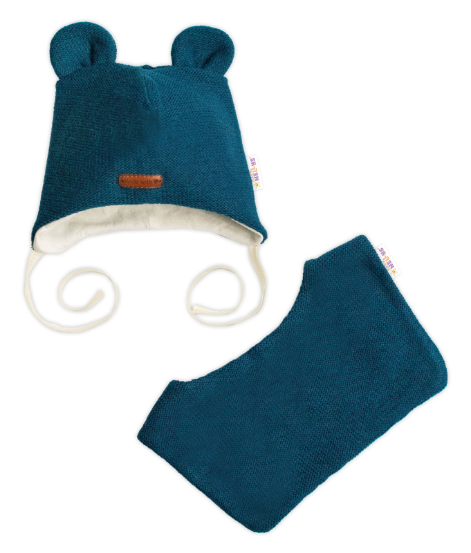 Baby Nellys Pletená čepice s bavlněnou podšívkou a šátkem 2v1, Teddy Hand made - petrolejová