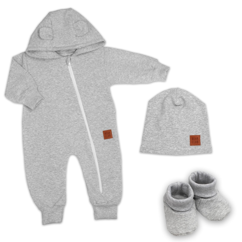 Baby Nellys Rostoucí teplákový overal pro miminko, čepice, botky, 3D, Nature - šedý melír