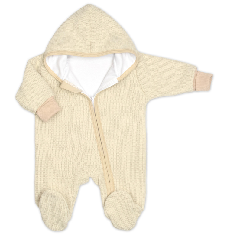 Baby Nellys Pletený overal s kapucí, CUTE - béžový, vel. 62