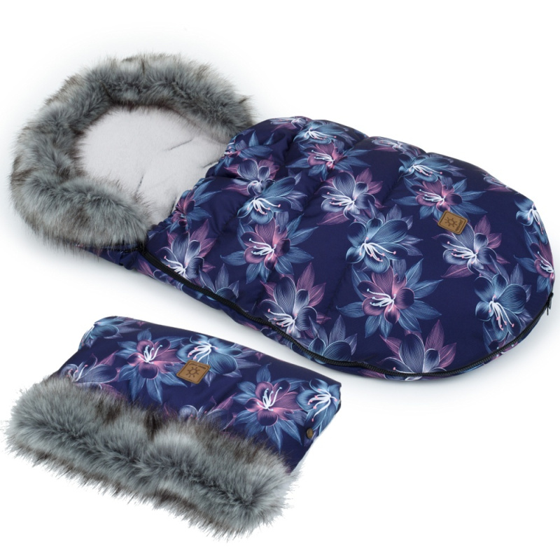 Mamo Tato Zimní fusak Lux s kožešinkou + rukávník, Květy Neon, 50 x 100cm - šedý/granát