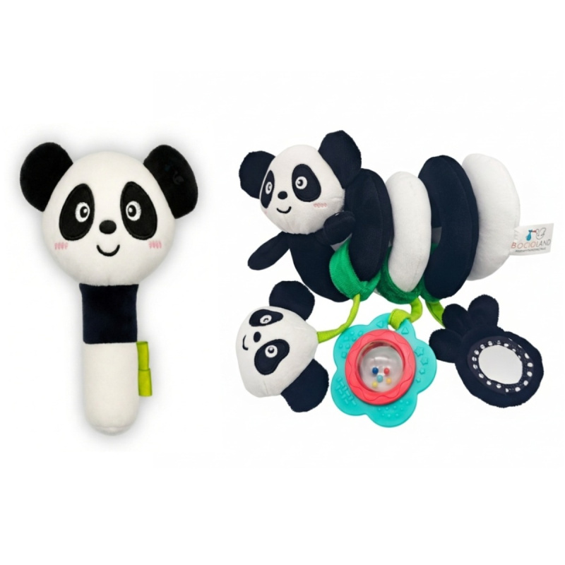 BocioLand Plyšová senzorická spirála + plyšové pískátko Panda - černá, bílá