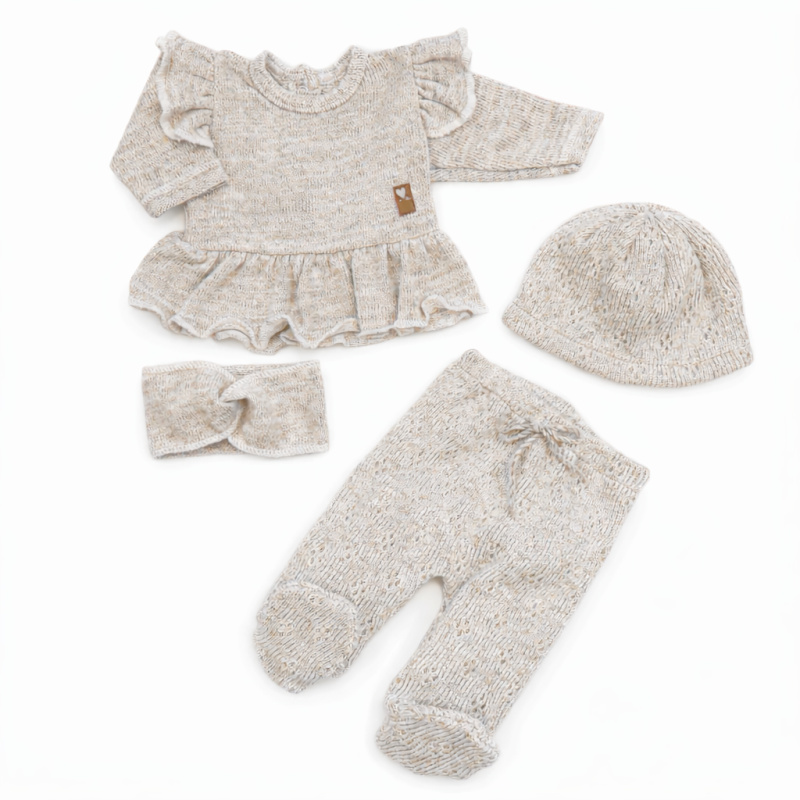 Kazum Pletená ažurková sada, tunika, polodupačky, čepička + čelenka, vel. 62