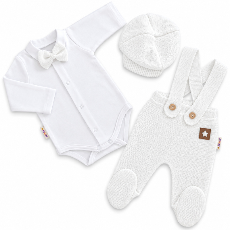 Baby Nellys Pletená souprava Gentleman 3D, body, polodupačky s láclem, čepička, bílá, 62
