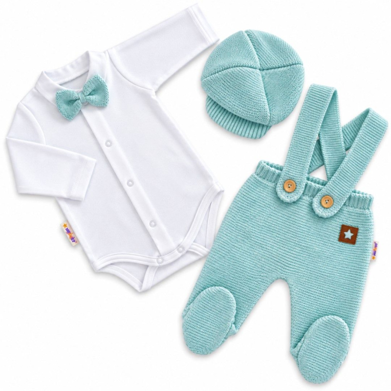 Baby Nellys Pletená souprava Gentleman 3D, body, polodupačky s láclem, čepička, mátová, 62