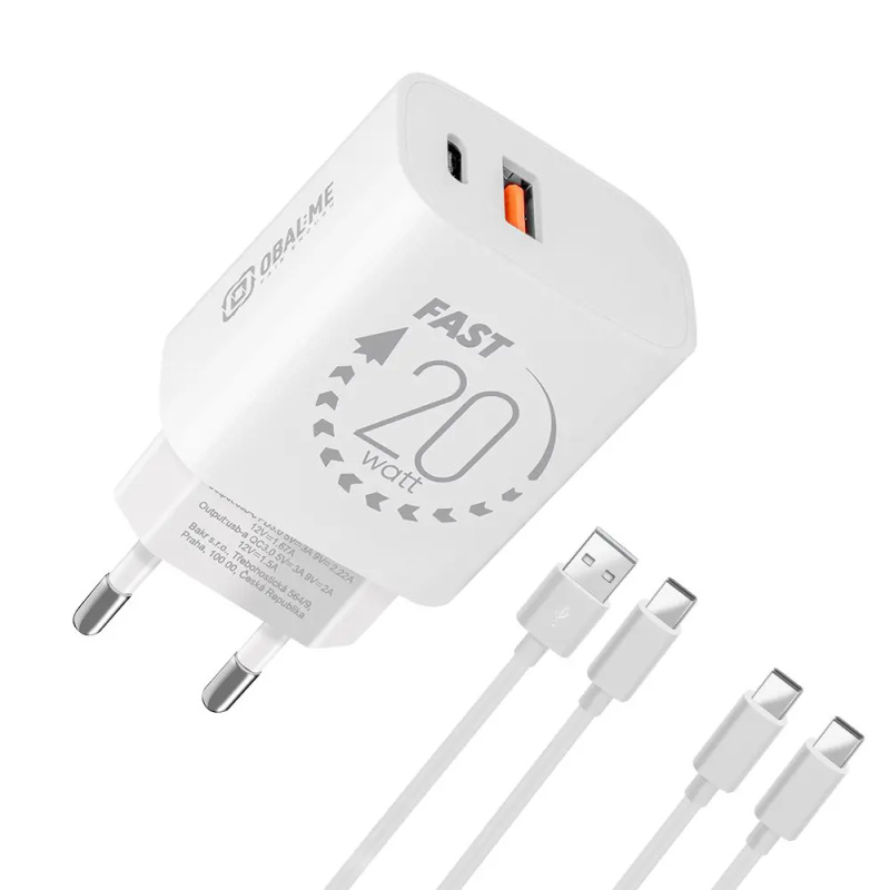 OBAL:ME nabíječka USB-A/USB-C (20W) + 2x kabel (1m) bílá