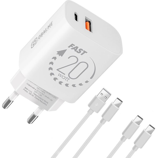 OBAL:ME nabíječka USB-A/USB-C (20W) + 2x kabel (1m) bílá