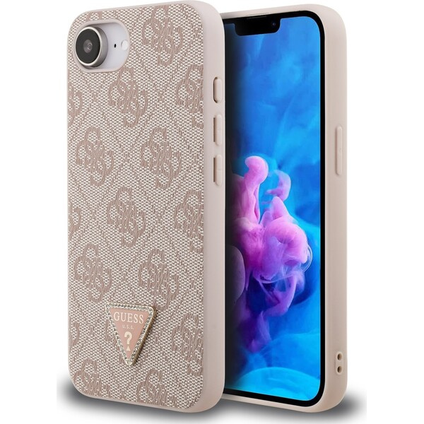 Guess PU 4G Strass Triangle Metal Logo kryt iPhone 17e/16e růžový