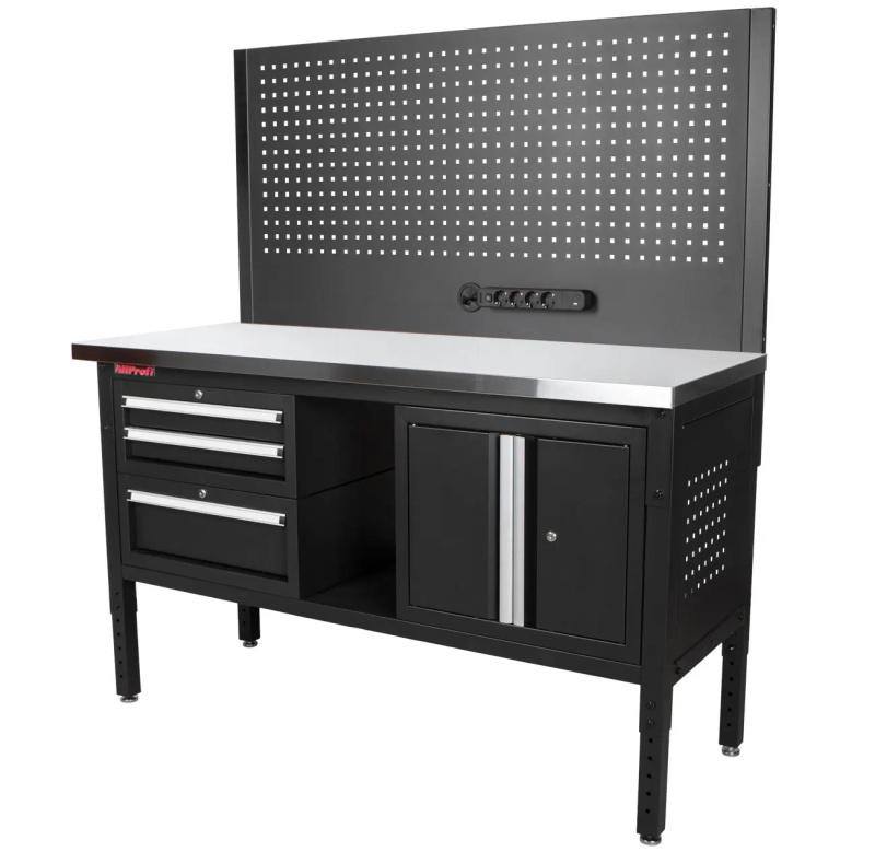 Dílenský stůl EXPERT se zástěnou a 3 moduly, 152 cm, nerezová deska - TSP6024SBAL4