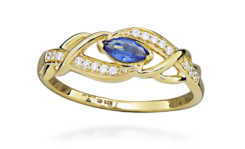 Silver Cat Pozlacený prsten se zirkony a syntetickým safírem SC573 58 mm