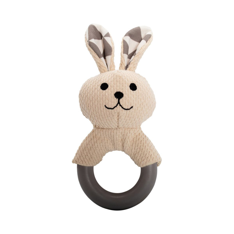 Kousátko králík s TPR kroužkem, se zvukem, krémová/šedá, HipHop 21 cm