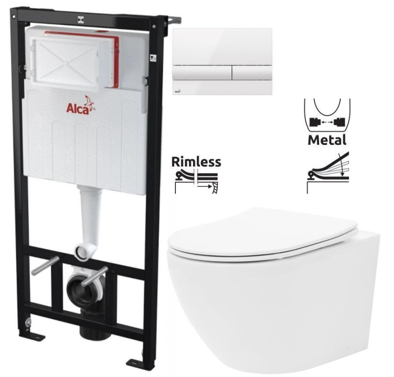 Předstěnový instalační systém s bílým tlačítkem M1710 + WC REA Carlo Flat Mini Rimless + SEDÁTKO AM101/1120 M1710 CF1