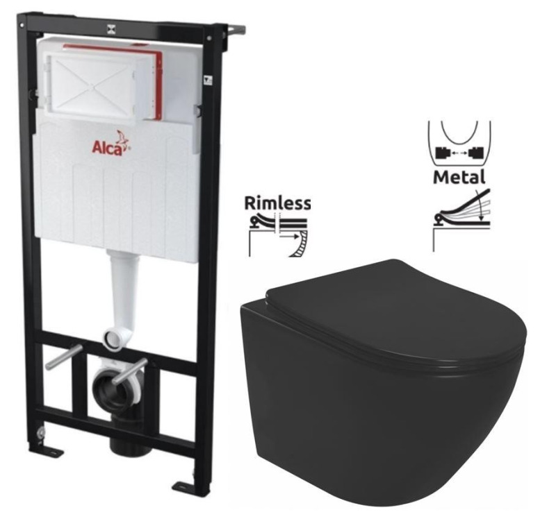 Předstěnový instalační systém bez tlačítka + WC REA CARLO MINI RIMLESS ČIERNY MAT + SEDADLO AM101/1120 X MM1