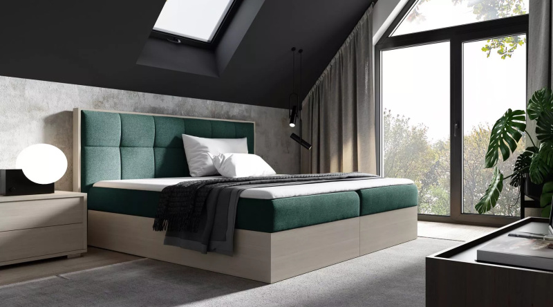 Čalouněná manželská postel 200x220 CHANTELLE 8 - nordic teak / zelená + topper ZDARMA