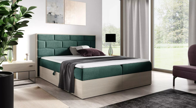Čalouněná manželská postel 160x220 CHANTELLE 9 - nordic teak / zelená + topper ZDARMA