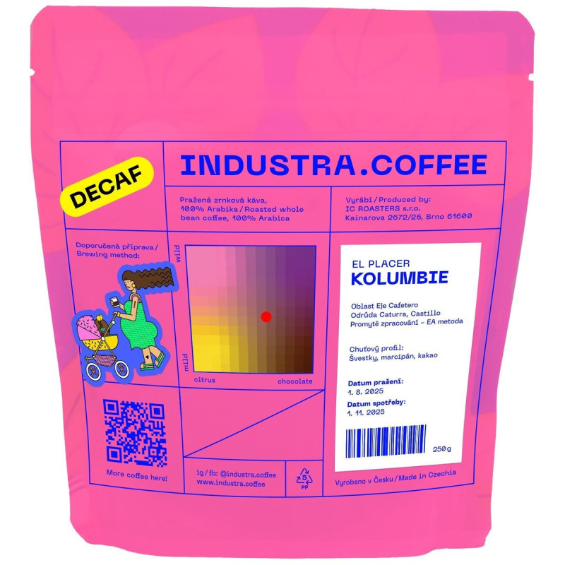 Industra.Coffee Kolumbie El Placer filtr/espresso zrnková káva bez kofeinu