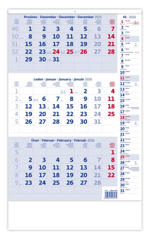 Tříměsíční kalendář modrý s poznámkami 2026 - nástěnný kalendář - kniha z kategorie Nástěnné kalendáře