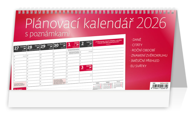 Plánovací s poznámkami 2026 - stolní kalendář