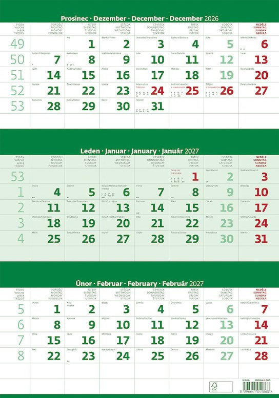 Nástěnný kalendář 2027 Helma tříměsíční zelený