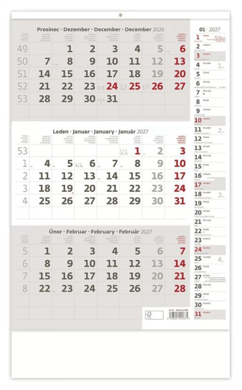 Nástěnný kalendář 2027 Helma tříměsíční šedý s poznámkami