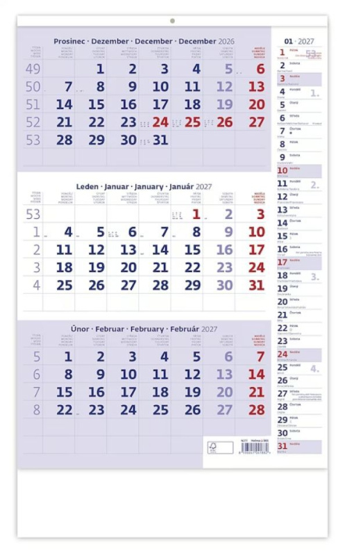 Nástěnný kalendář 2027 Helma tříměsíční modrý s poznámkami