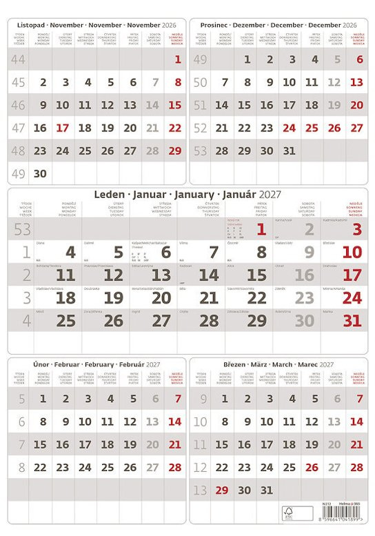 Nástěnný kalendář 2027 Helma pětiměsíční šedý