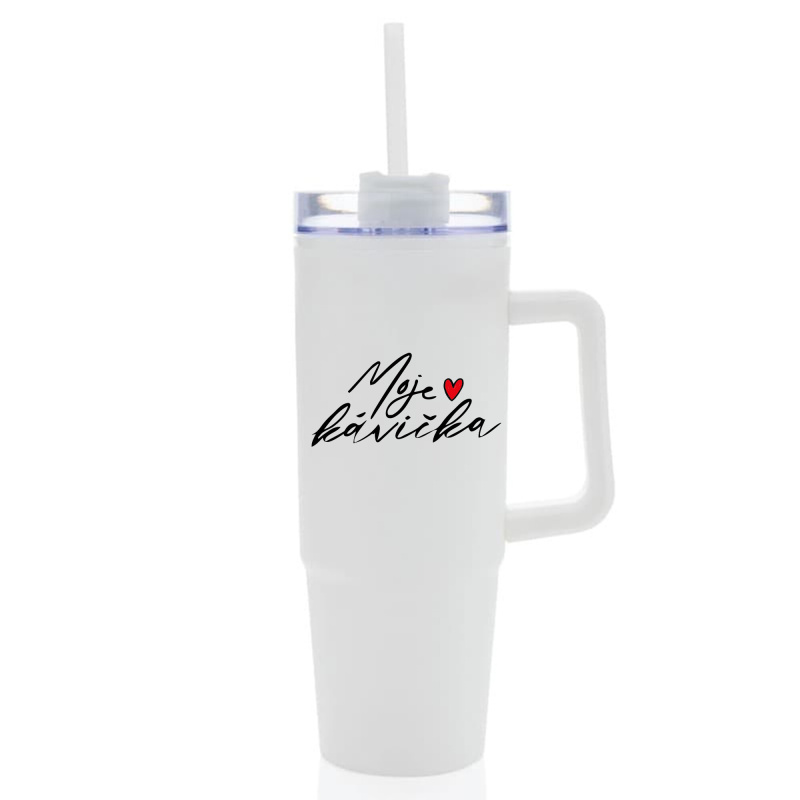 MOJE KÁVIČKA - bílý cestovní termohrnek s průhledným víčkem 900 ml