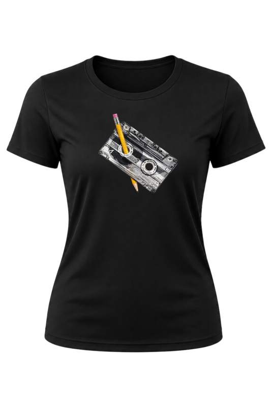 Dámské bavlněné tričko s potiskem - KAZETA - černé Velikost: M