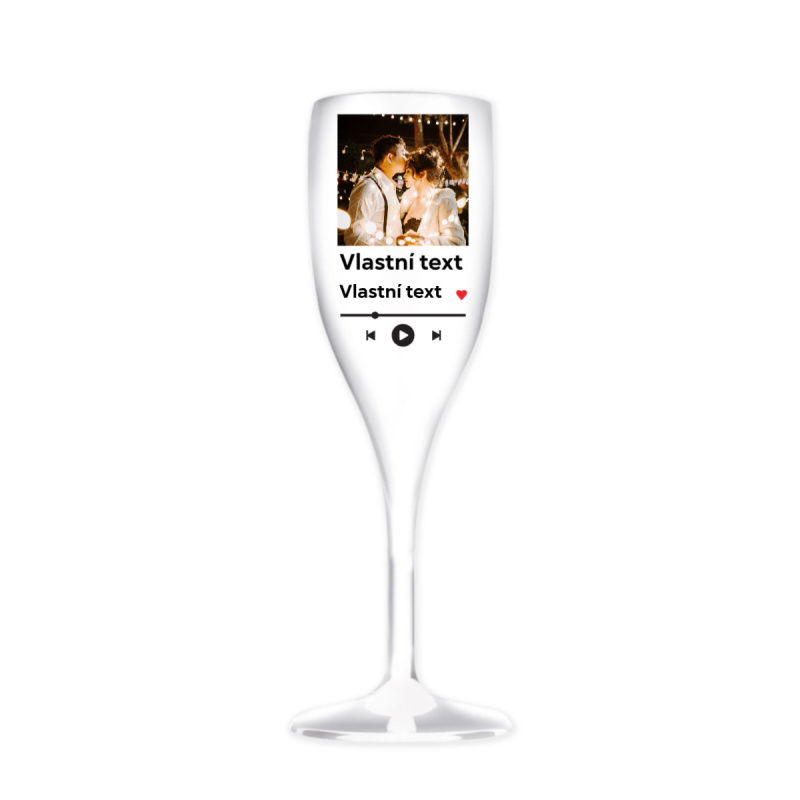 Personalizovaná nerozbitná prosecco sklenice s motivem přehrávače