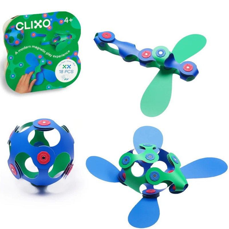 CLIXO - Itsy Green &amp; Blue magnetická stavebnice, 18 kusů