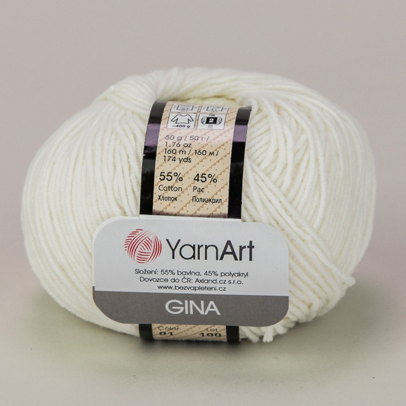 YarnArt pletací / háčkovací příze GINA / JEANS 01 bílá, jednobarevná, 50g/160m