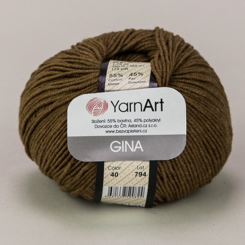 YarnArt pletací / háčkovací příze GINA / JEANS 40 hnědá, jednobarevná, 50g/160m