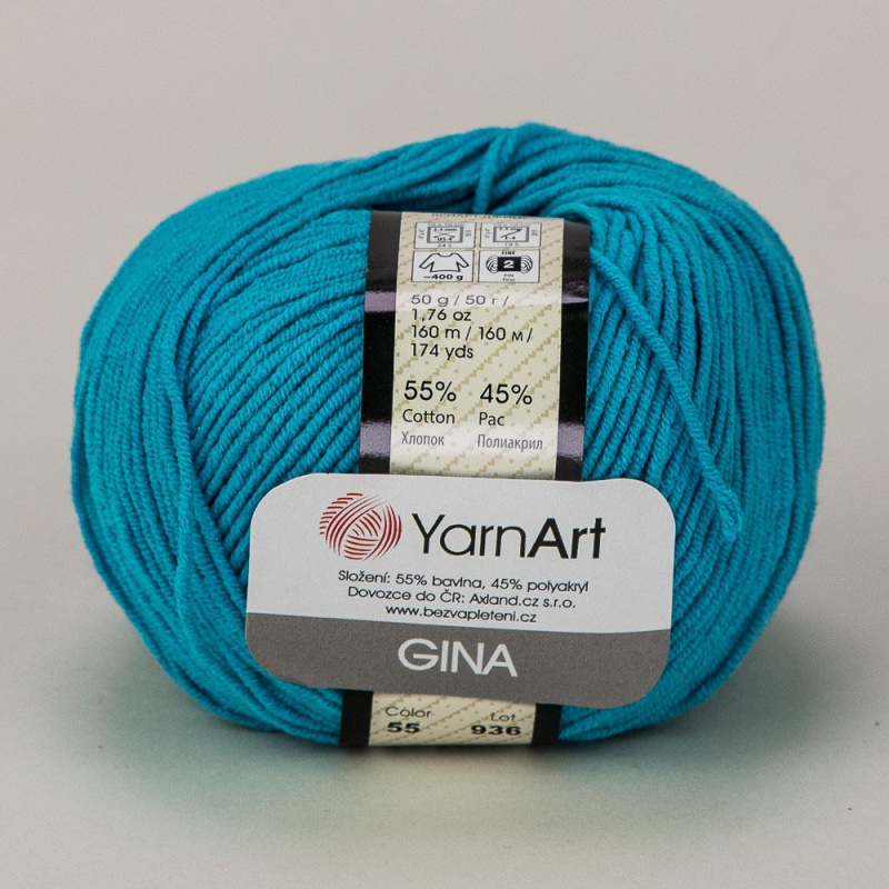 YarnArt pletací / háčkovací příze GINA / JEANS 55  tyrkysová, jednobarevná, 50g/160m