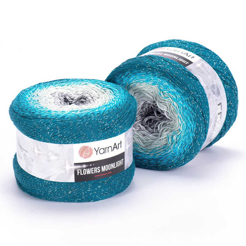 YarnArt pletací / háčkovací příze YarnArt FLOWERS MOONLIGHT 3289 modro-tyrkysová, melírovaná (duhová), metalické vlákno, 260g/1000m