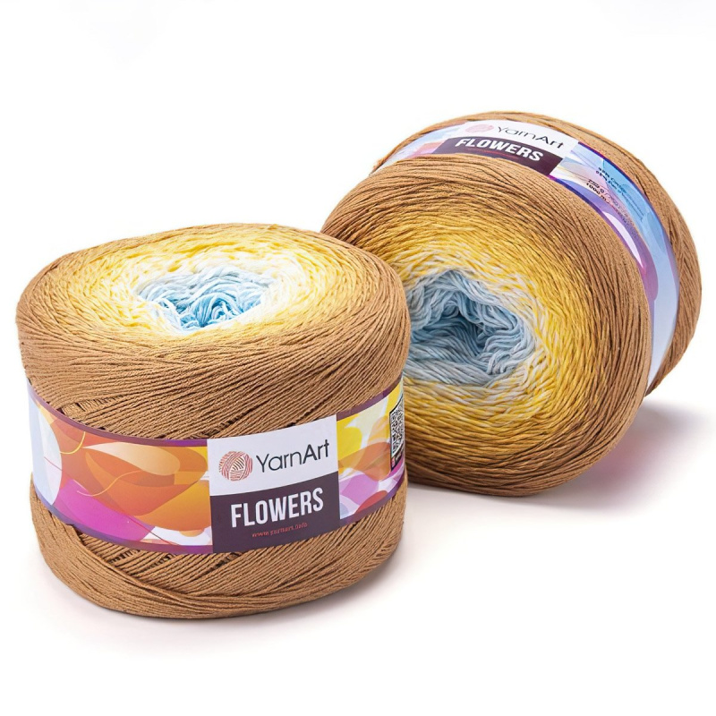 Pletací / háčkovací příze YarnArt FLOWERS 309 béžovo-modro-žlutá, melírovaná (duhová), fantasy, 250g/1000m