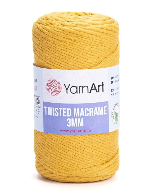 Pletací příze YarnArt TWISTED MACRAME 3mm 796 hořčicově žlutá, jednobarevná, 250g/195m