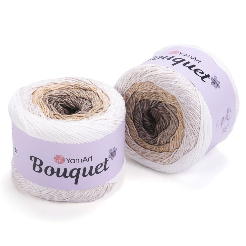 YarnArt Pletací / háčkovací příze BOUQUET 707 bílo-hnědo-béžová, melírovaná, ombré, duhová, 250g/500m