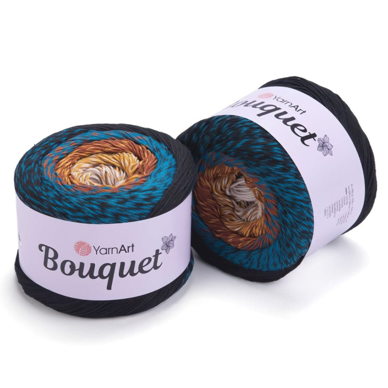 YarnArt Pletací / háčkovací příze BOUQUET 722 černo-modro-rezavá, melírovaná, ombré, duhová, 250g/500m