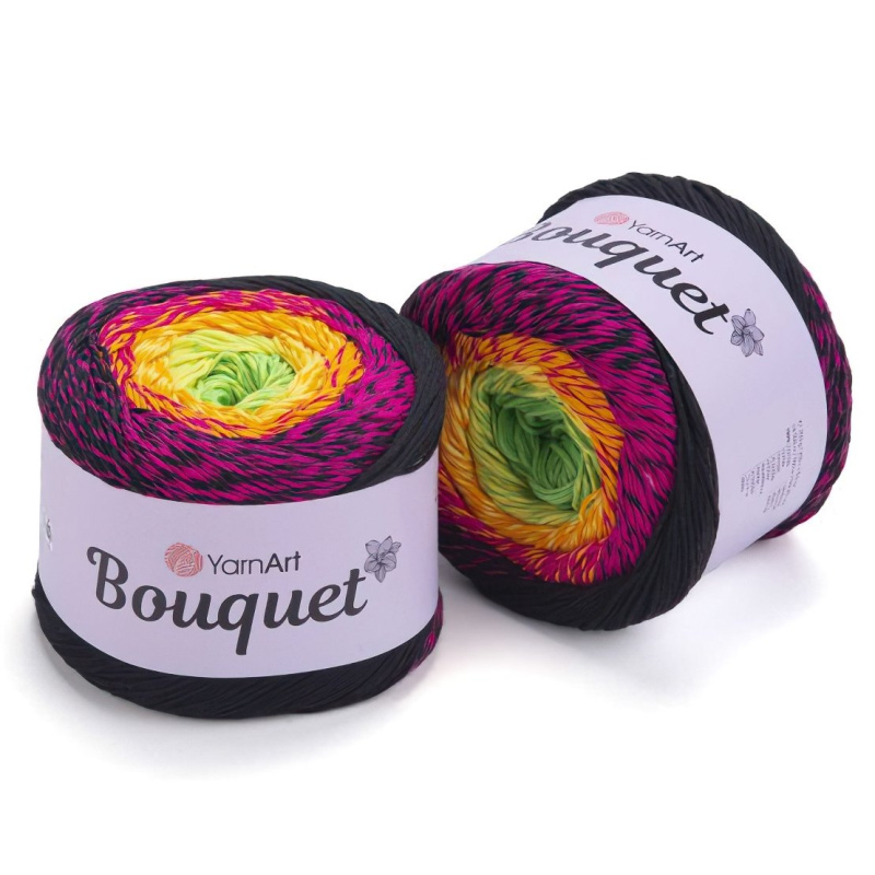 YarnArt Pletací / háčkovací příze BOUQUET 723 černo-růžovo-zelená, melírovaná, ombré, duhová, 250g/500m