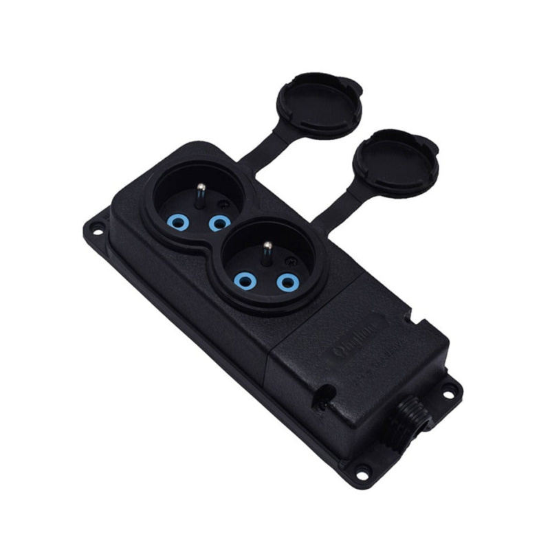 Dvojitá zásuvka gumová černá hermetická na povrch 250V, 16A, IP44,  francouzský typ E 2P+Z, 2KMP-E, Bylion