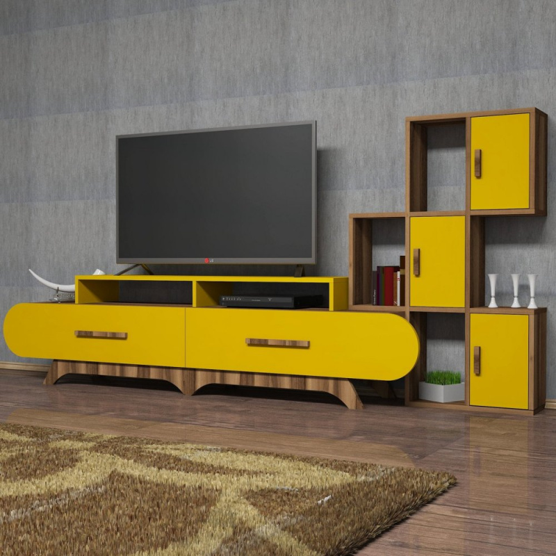 TV stěna / Sestava pod TV Flora S - Walnut, Yellow