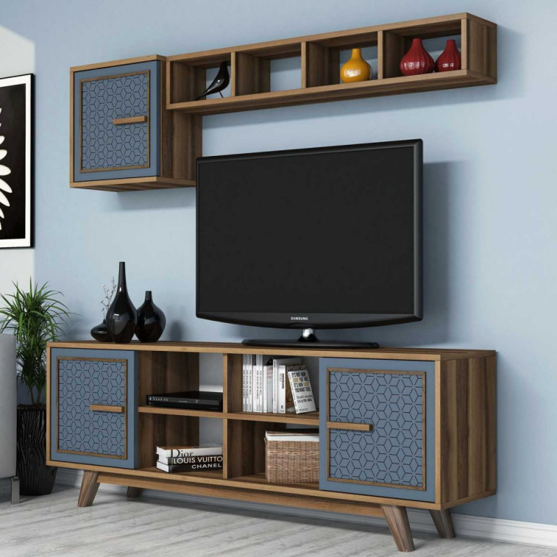 TV stěna / Sestava pod TV Ayla - Walnut, Blue