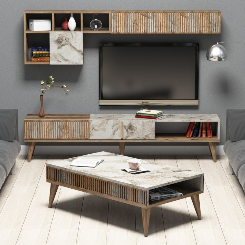 Living Room Furniture Set Milan - Walnut, White Marble