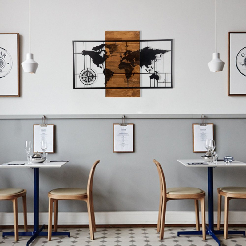 Dekorativní dřevěný doplněk na zeď World Map Wıth Compass