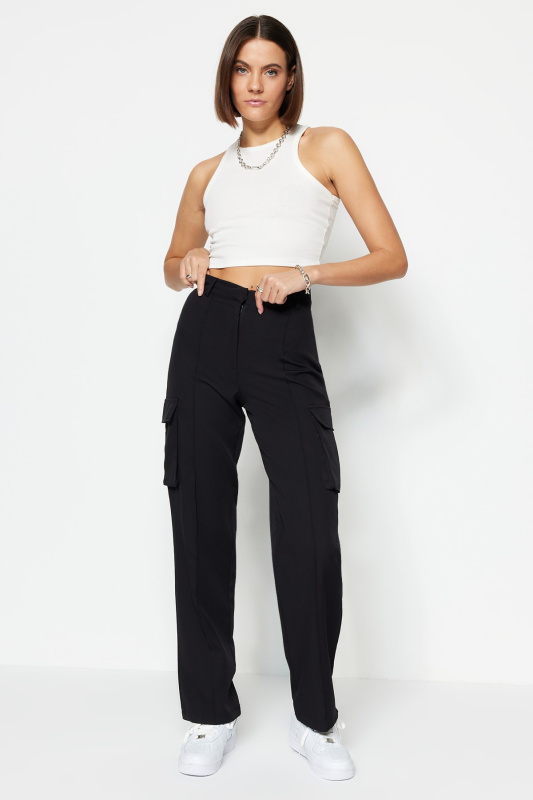Trendyol Black Cargo Straight/Straight Fit Woven Dvojitá kapsa Tkané kalhoty